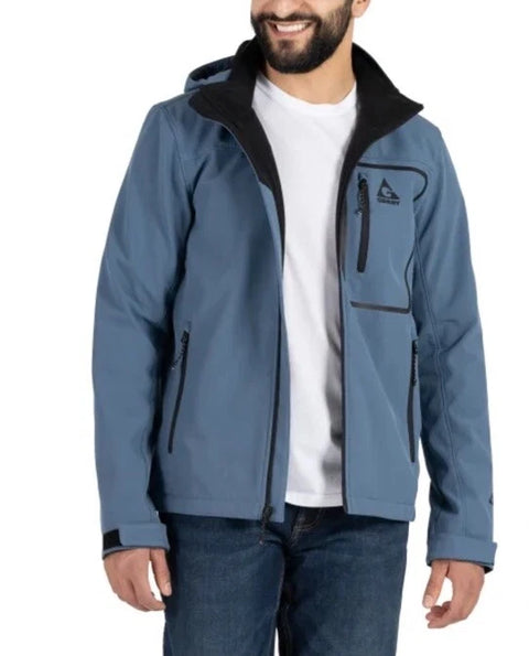 Man wearing a blue jacket with a brand logo on a white background