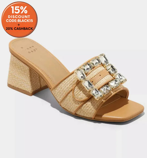 A New Day Women's Beige Kathleen Raffia Buckle Block Heels Sandals | A New Day In Lebanon