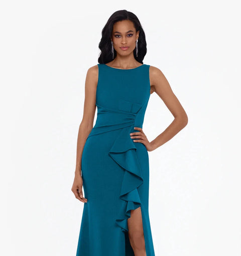 Betsy & Adam Women's Petrol Ruffled Boat-Neck Gown Dress | Betsy & Adam In Lebanon