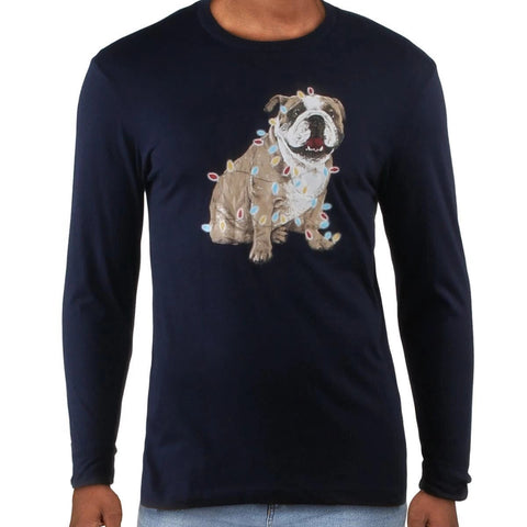 Man wearing a navy long-sleeve shirt with a bulldog graphic design on a white background