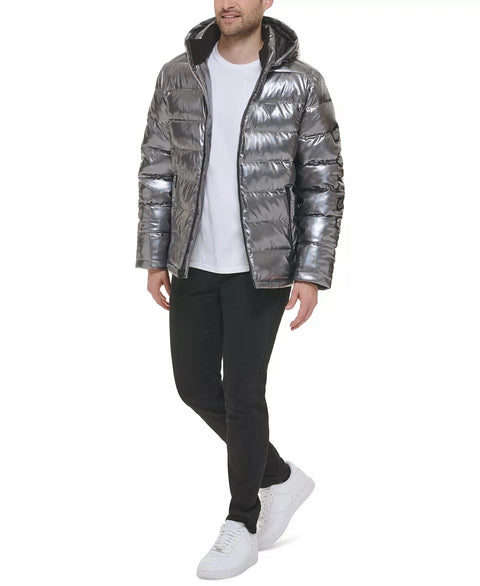 Guess Men's Silver Hooded Holographic Puffer Jacket | Guess In Lebanon
