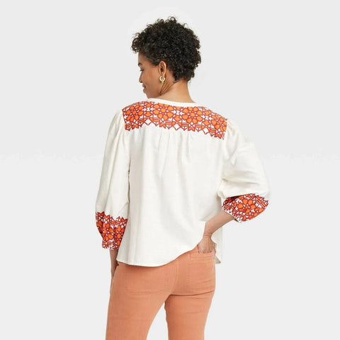 Knox Rose Women's Cream Abstract Balloon 3/4 Sleeve Woven Blouse | Knox Rose In Lebanon