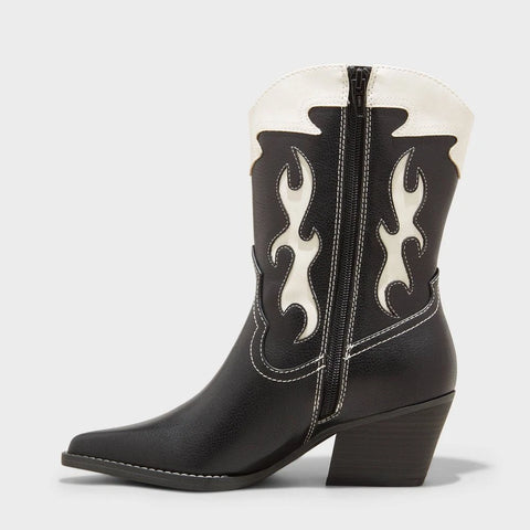 Universal Thread Women's Black & White Leather Block Heel Ankle Western Boots |Universal Thread In Lebanon