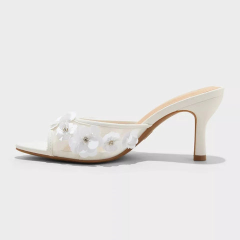 A New Day Women's White Lupita Mesh Rhinestone Peep Toe Mule Heeled Sandals | A New Day In Lebanon