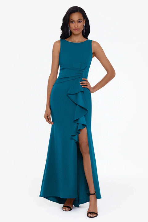 Betsy & Adam Women's Petrol Ruffled Boat-Neck Gown Dress | Betsy & Adam In Lebanon