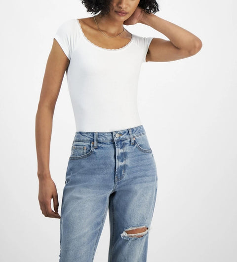 Self Esteem Women's White Ribbed Lace Trim Cap Sleeve Bodysuit | Self Esteem In Lebanon