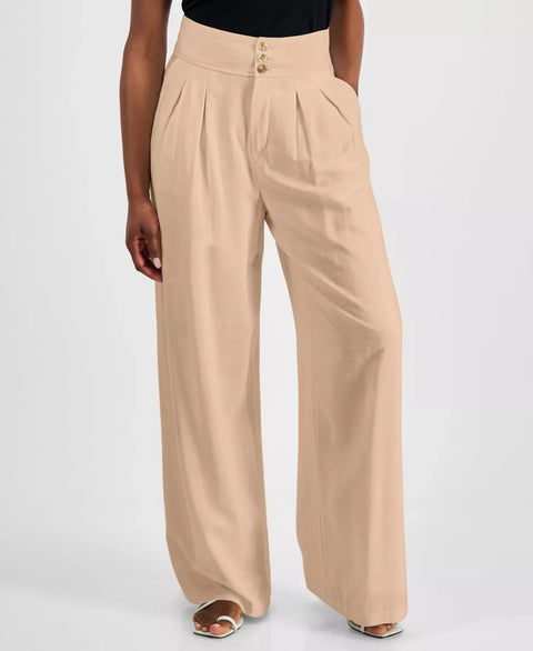 Bar III Women's Beige Petite High Rise Pleat-Front Wide Leg Pants | Bar III In Lebanon