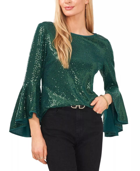 Vince Camuto Women's Dark Green Metallic Knit Flutter Sleeve Blouse | Vince Camuto In Lebanon