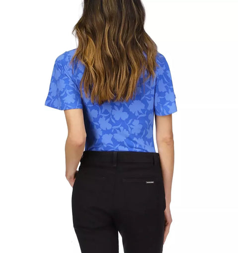Michael Kors Women's Blue Floral Printed V-Neck Short Sleeve Blouse | Michael Kors In Lebanon