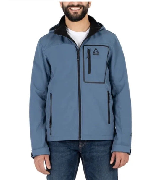 Man wearing a blue jacket with a brand logo on a white background