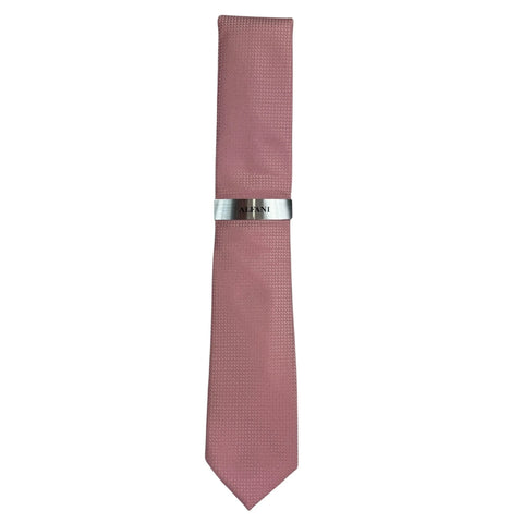 Pink tie with a silver clip on a white background
