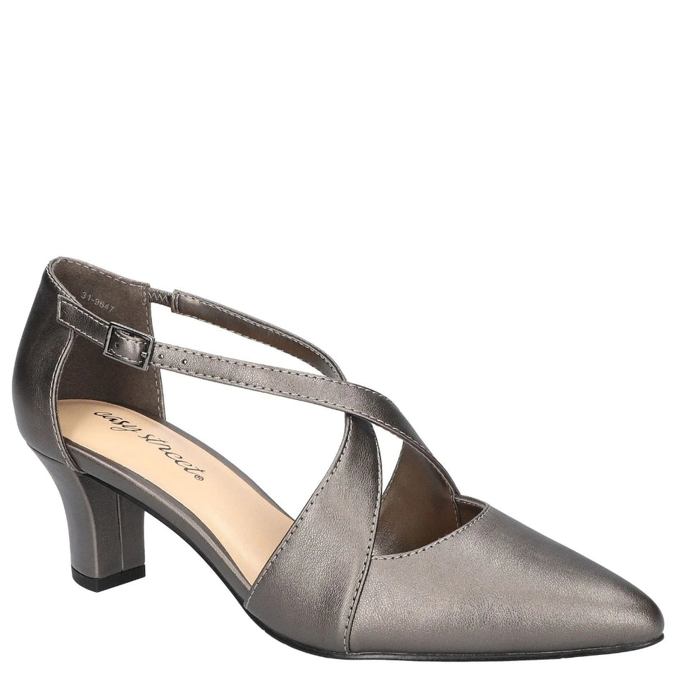 A metallic taupe slingback pump with a pointed toe, criss-cross ankle strap, and block heel, shown from a side profile on a white background. The insole displays the brand name 'Miguel Mello'.