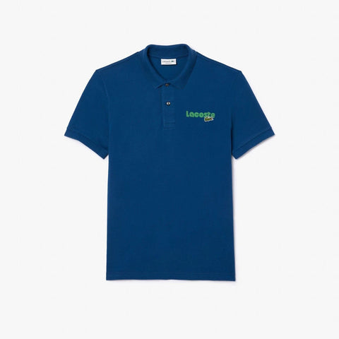 Blue polo shirt with a brand logo on a white background