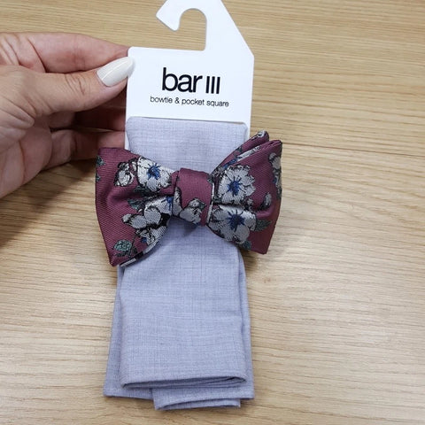 BAR III Men's Mauve Dusty Wine Floral Bow Tie + Gray Solid Pocket Square Set| BAR III  In Lebanon (Copy) (Copy)