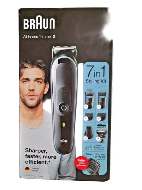 Braun all-in-one trimmer packaging with a man's face and product illustration on a white background