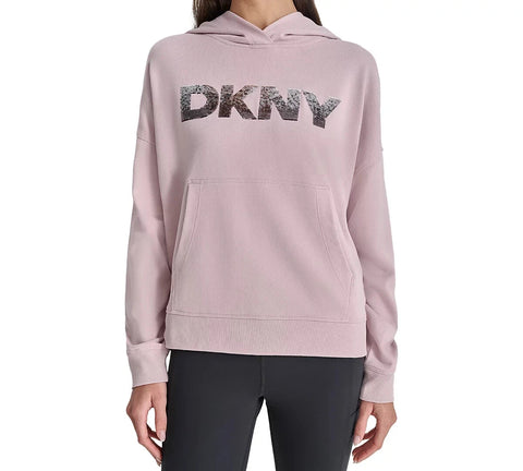 DKNY Women's Light Pink Sequin-Logo Hoodie|DKNY In Lebanon