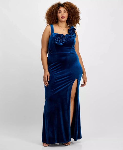 City Studio Women's Deep Teal Plus Size Velvet Floral-Trim Gown Dress | City Studio In Lebanon