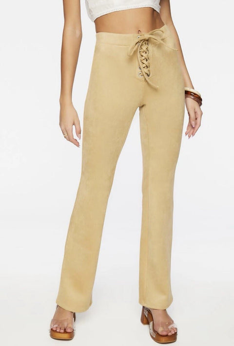 Forever 21 Women's Tan Faux Suede Lace-Up Flare Pant | Forever 21 In Lebanon