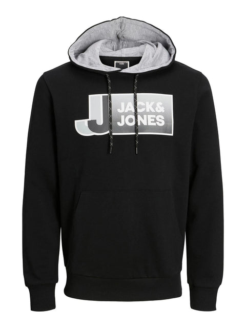 Black hoodie with gray hood and Jack & Jones logo on a white background