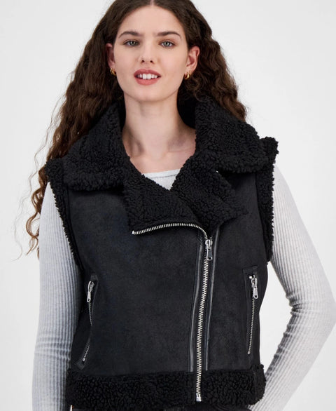 Madden Girl Women's Black Faux-Shearling Moto Vest | Madden Girl In Lebanon