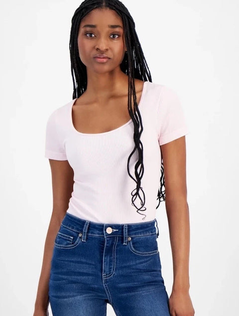 Ultra Flirt Women's Light Pink Seamless Lattice-Back Ribbed Bodysuit | Ultra Flirt In Lebanon