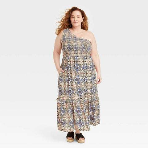 Knox Rose Women's Tan Plus Size Sleeveless One Shoulder A-Line Maxi Dress | Knox Rose In Lebanon