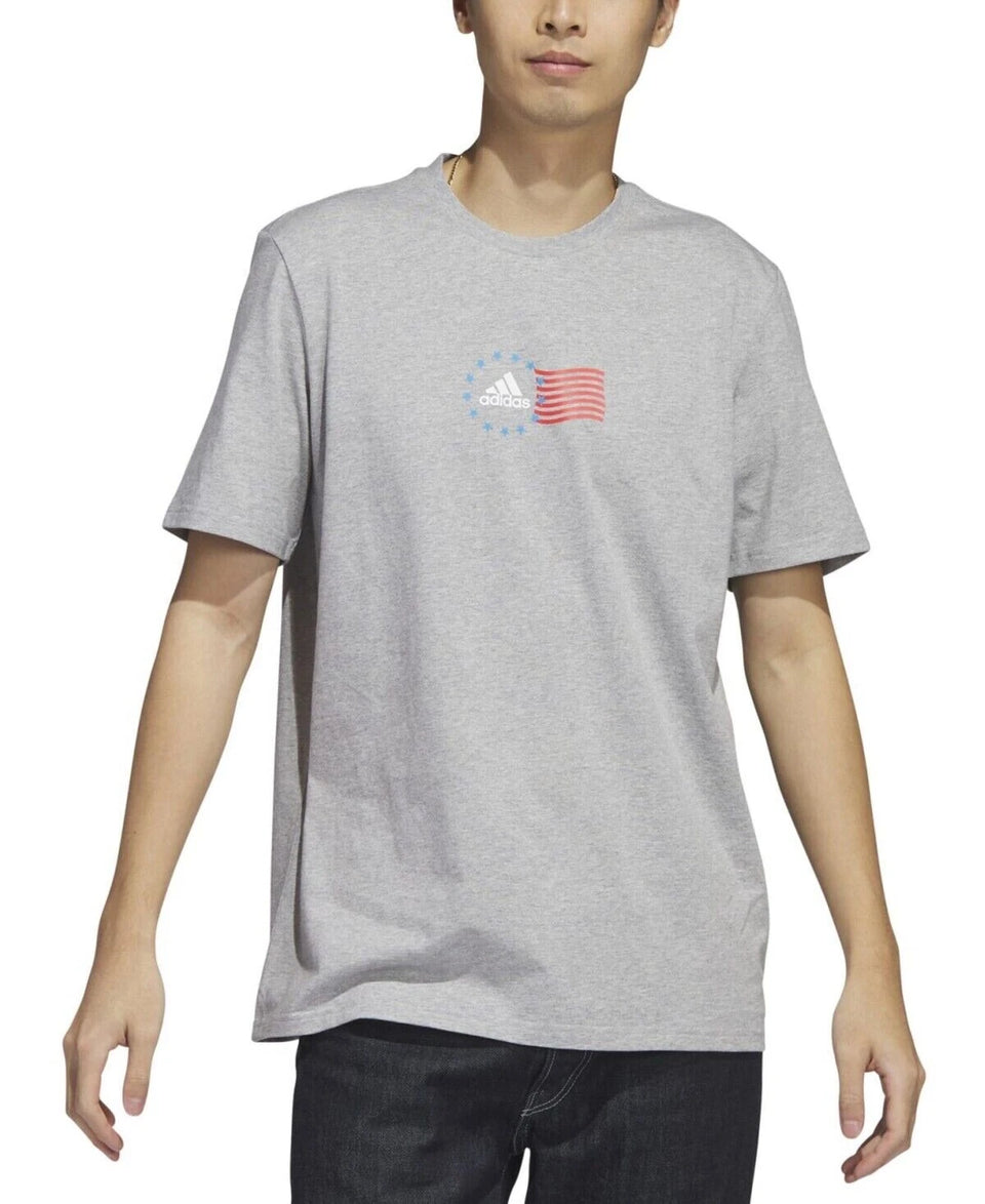Adidas Men's Gray Short-Sleeve Crewneck American Flag Graphic T-Shirt | Adidas In Lebanon