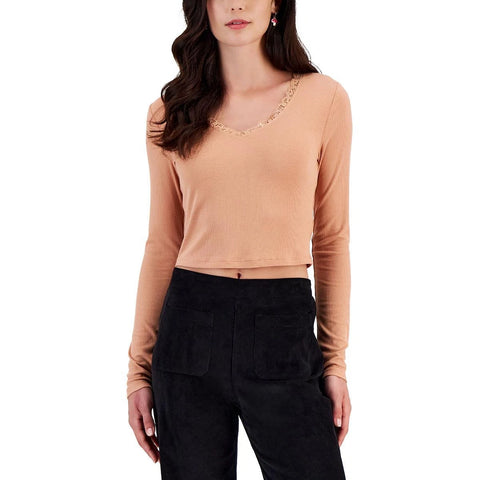 Self Esteem Women's Pale Salmon Ribbed Cropped Long-Sleeve Blouse | Self Esteem In Lebanon