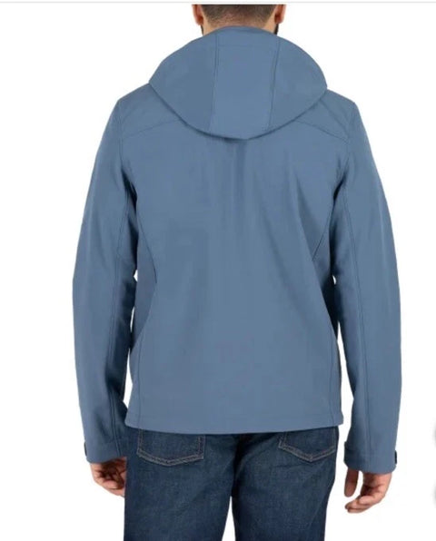 Person wearing a blue jacket with a hood on a white background