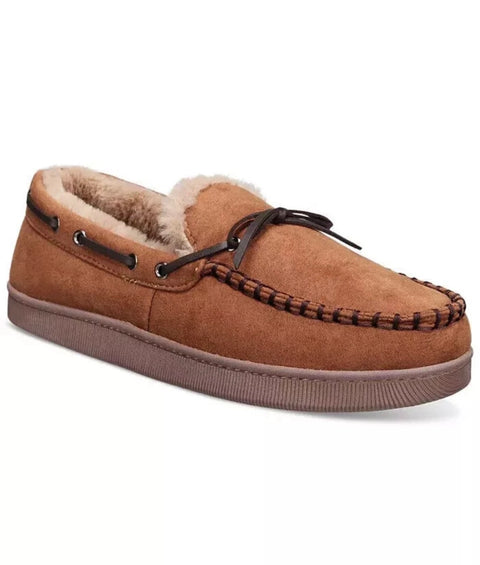 Brown suede slip-on shoe with fur lining on a white background