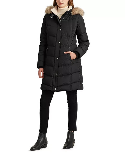 Lauren Ralph Lauren Women's Black Faux Fur Trim Hooded Down Puffer Coat |Lauren Ralph Lauren In Lebanon
