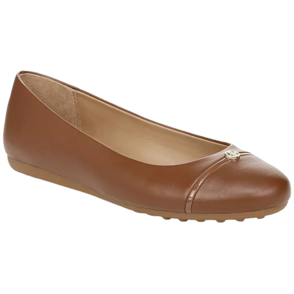 A single brown leather ballet flat shoe with a small gold decorative accent on the toe, shown against a plain white background.