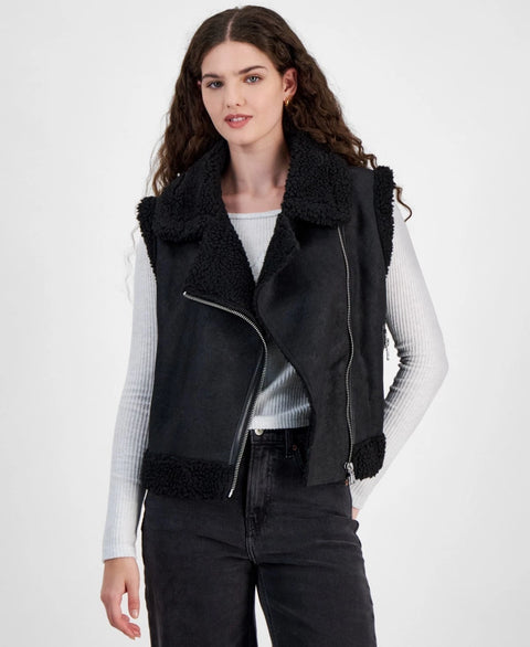 Madden Girl Women's Black Faux-Shearling Moto Vest | Madden Girl In Lebanon