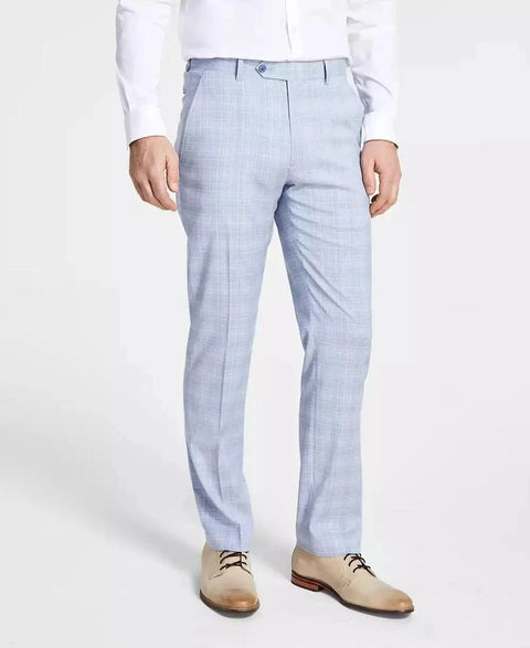 Light blue checkered pants worn by a person on a white background
