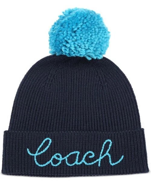 Coach Women's Navy Script Logo Pom Pom Blue Beanie|Coach In Lebanon