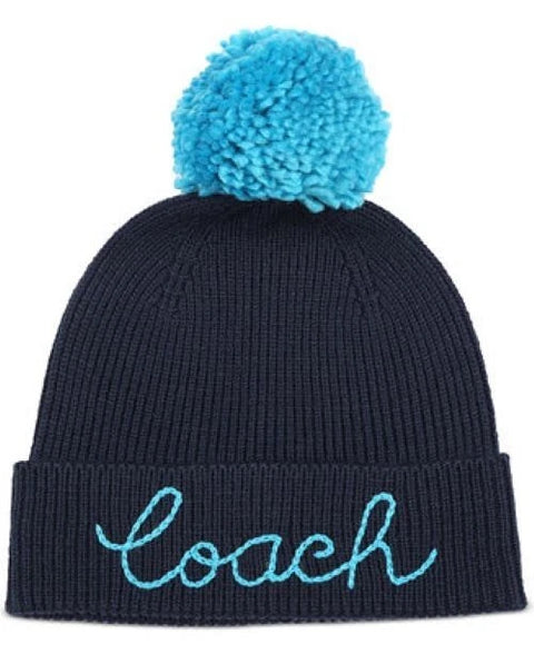Coach Women's Navy Script Logo Pom Pom Blue Beanie|Coach In Lebanon