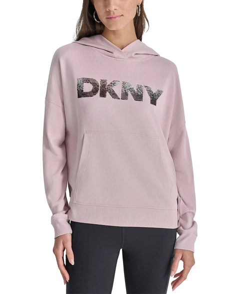 DKNY Women's Light Pink Sequin-Logo Hoodie|DKNY In Lebanon