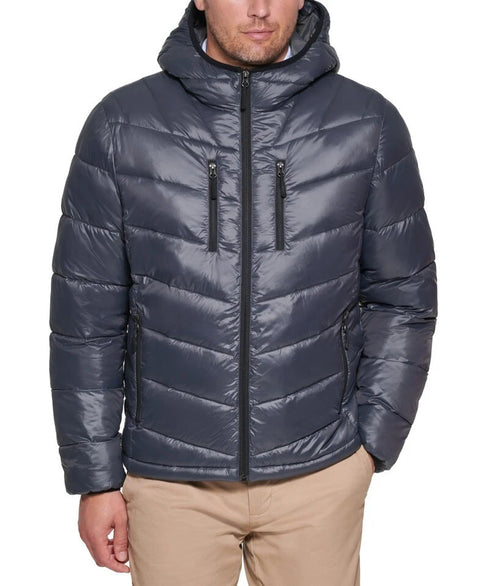 Club Room Men's Dusty Blue Chevron Quilted Hooded Puffer Jacket |Club Room In Lebanon