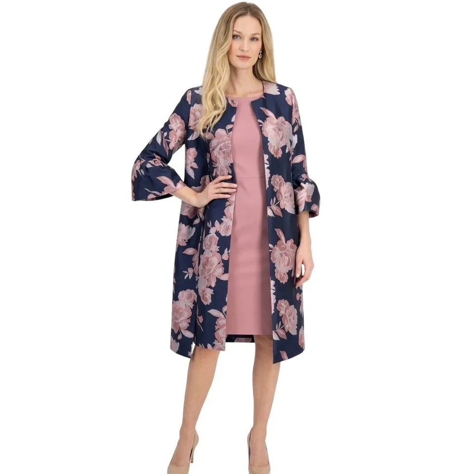 Kasper Women's Navy Floral Jacquard Open Front Topper Jacket