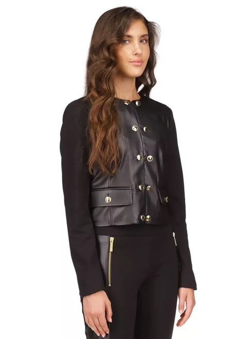 Michael Kors Women's Black Button-Front Mixed-Media Jacket |Michael Kors In Lebanon