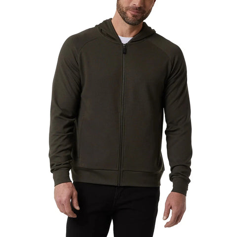Man wearing a dark green hoodie on a white background