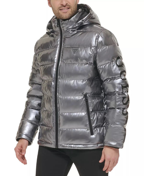 Guess Men's Silver Hooded Holographic Puffer Jacket | Guess In Lebanon