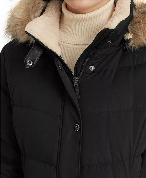 Lauren Ralph Lauren Women's Black Faux Fur Trim Hooded Down Puffer Coat |Lauren Ralph Lauren In Lebanon