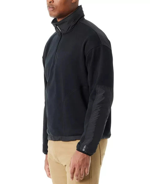 Man wearing a black fleece jacket on a white background