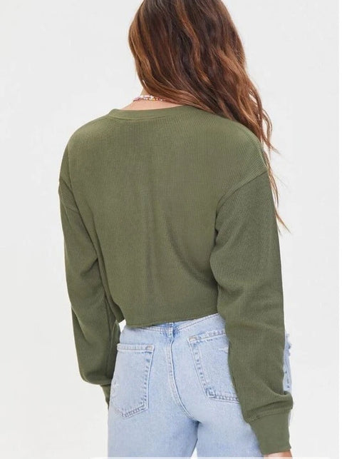 Music Television Women's Khaki Green Logo Printed Long Sleeve Crop Top | Music Television In Lebanon