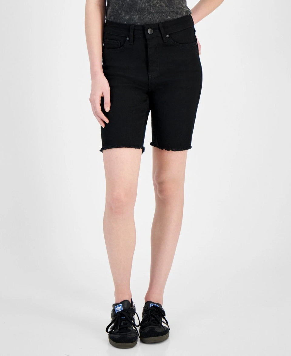 Dollhouse Women's Black High-Rise Frayed-Hem MIDI Shorts| Dollhousein Lebanon