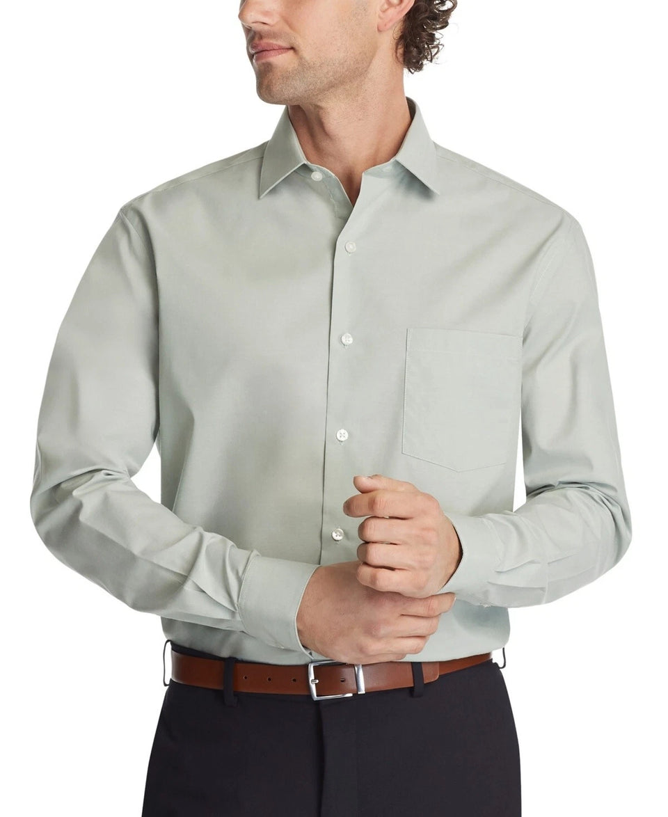 Man wearing a light gray dress shirt with a white background