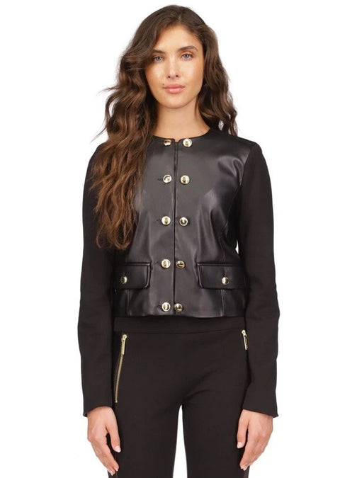 Michael Kors Women's Black Button-Front Mixed-Media Jacket |Michael Kors In Lebanon