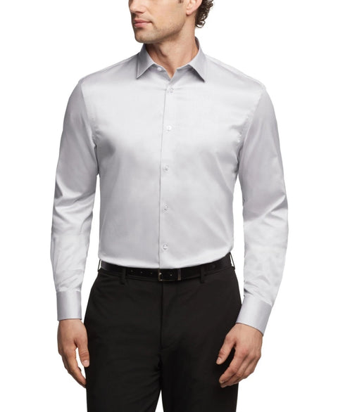 Calvin Klein Men's Gray Refined Cotton Stretch Slim Fit Stretch Wrinkle Free Shirt |Calvin Klein In Lebanon