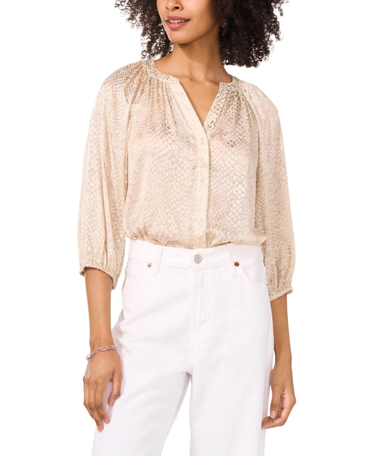 Vince Camuto Women’s Gold Printed Split Neck Raglan Sleeve  Shirt |Vince Camuto  in Lebanon